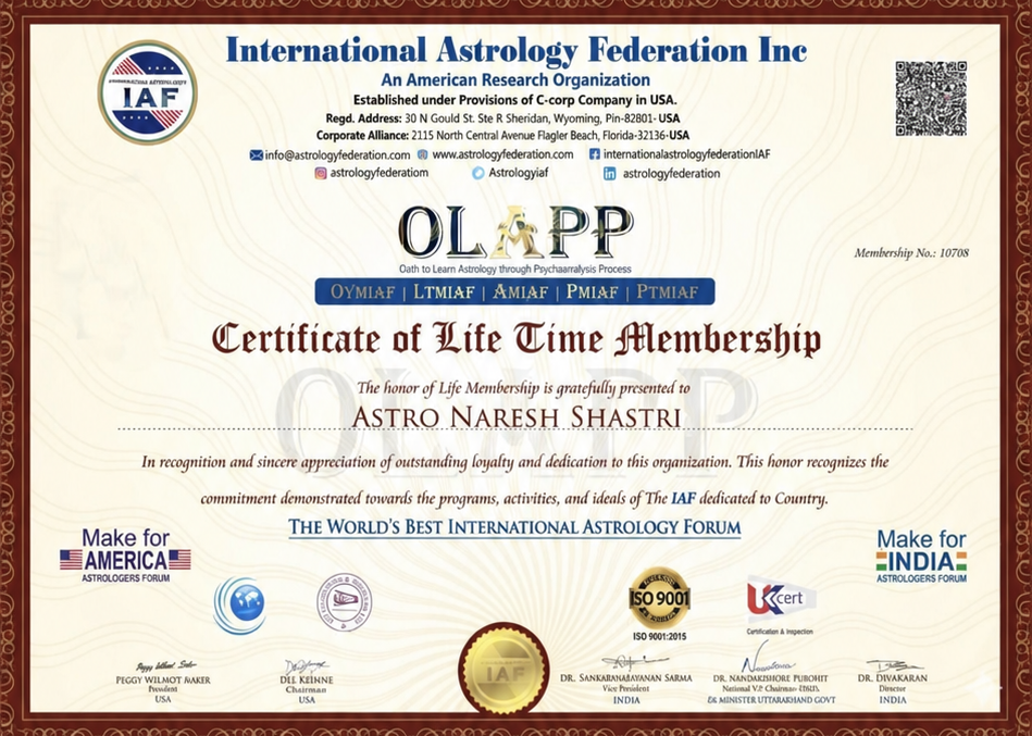 International Astrology Federation lifetime membership certificate