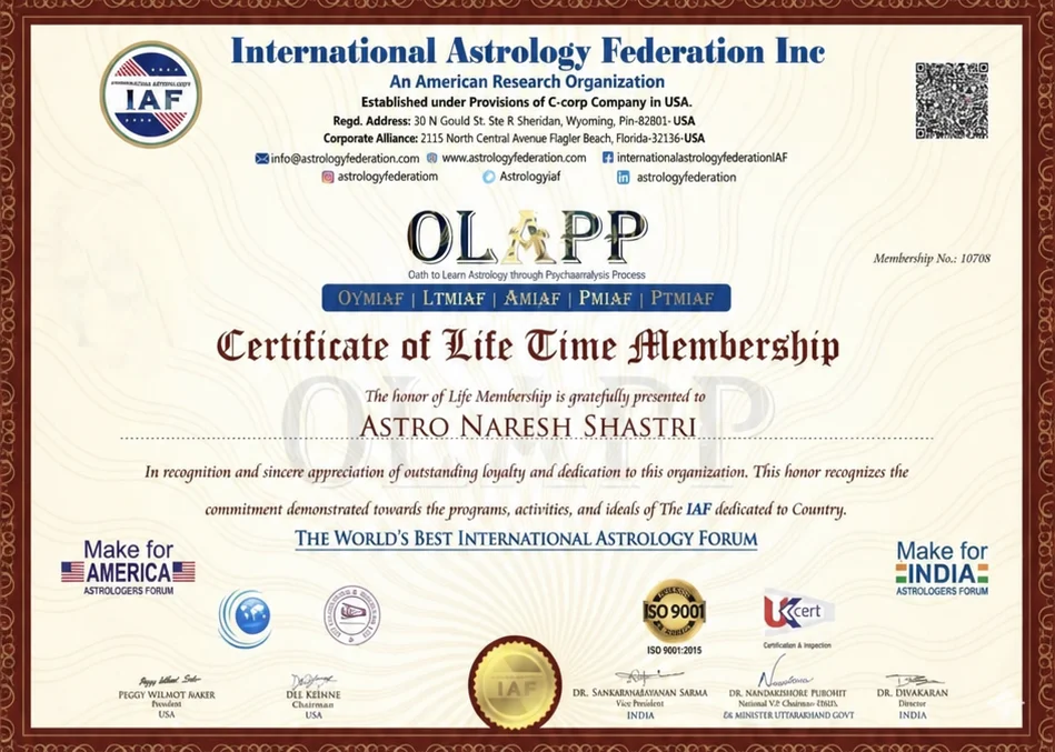 International Astrology Federation lifetime membership certificate