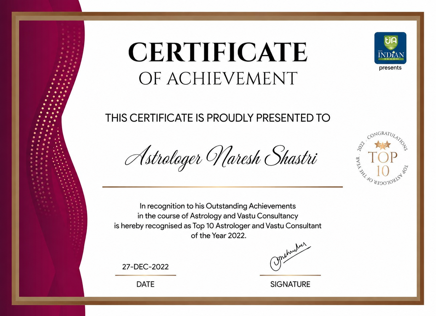 Top 10 Astrologer and Vastu Consultant achievement certificate