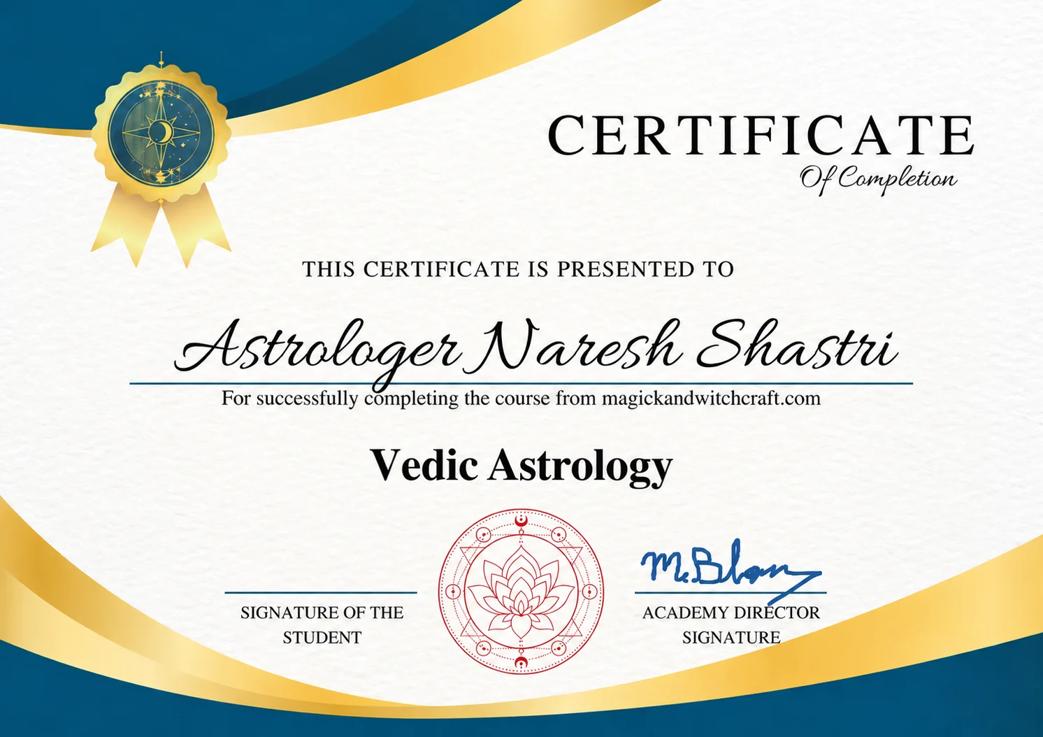 Vedic Astrology course completion certificate presented to Astrologer Naresh Shastri