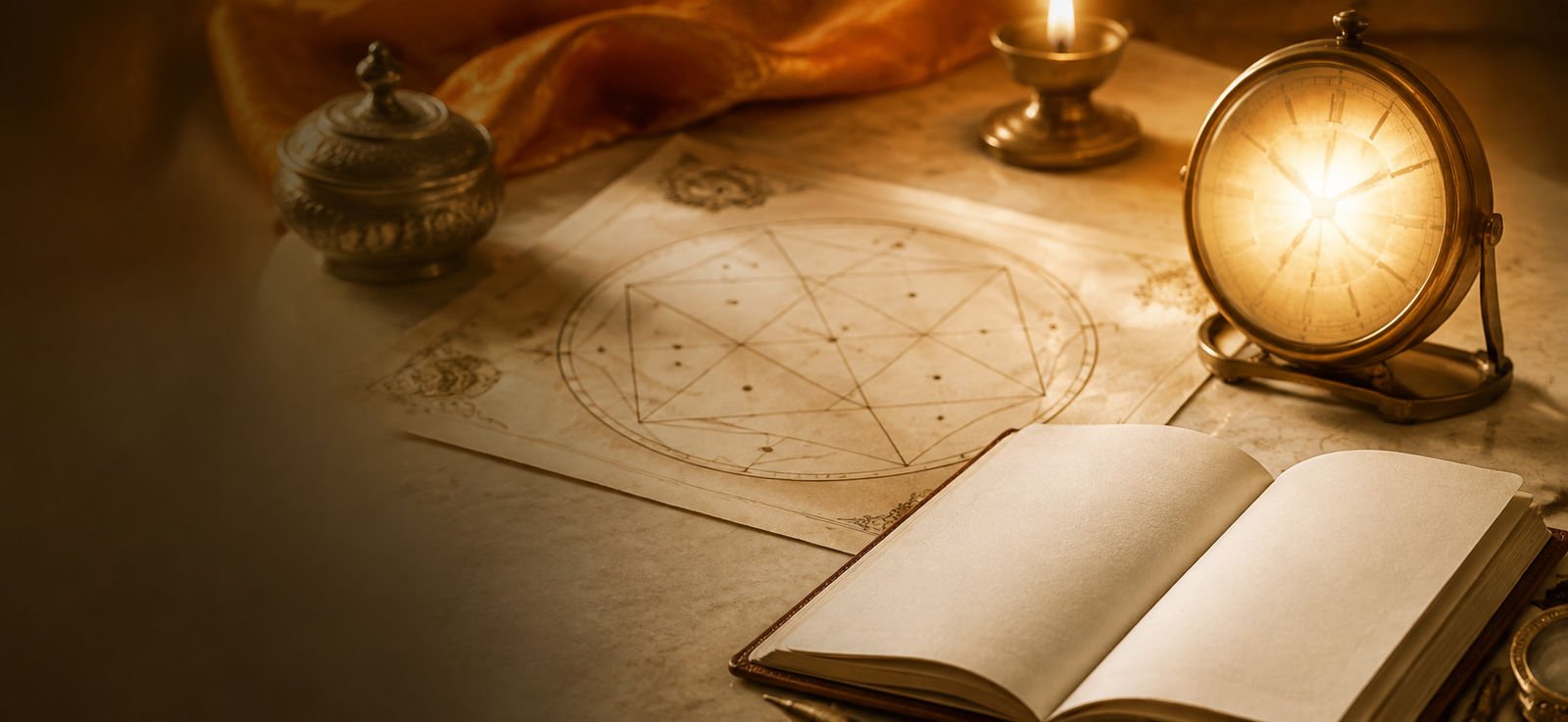 Astrological birth chart, timepiece and open notebook