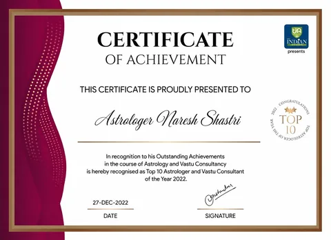 Top 10 Astrologer and Vastu Consultant achievement certificate