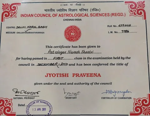Jyotish Praveena certificate from the Indian Council of Astrological Sciences