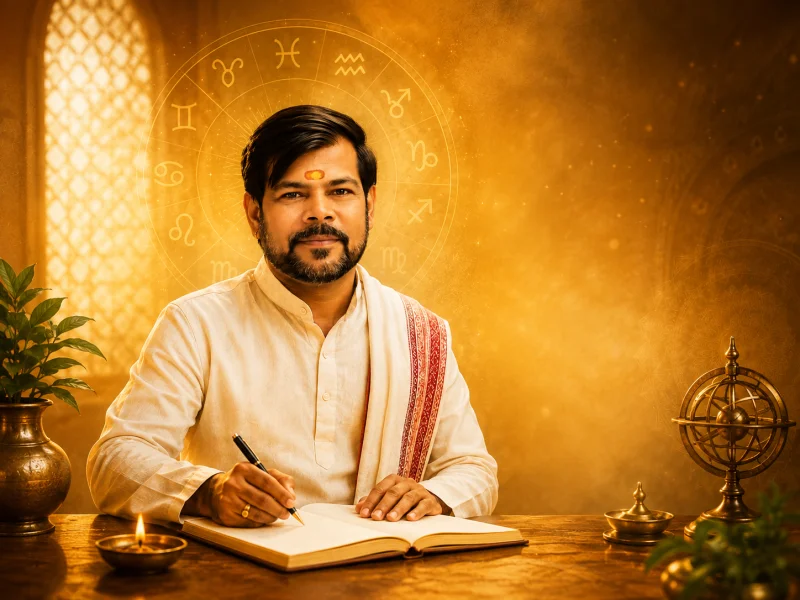 Astrologer Naresh Shastri studying a consultation