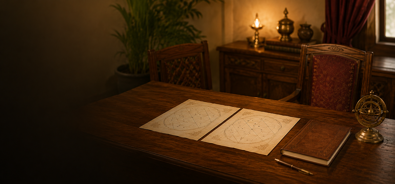 Private astrology consultation setting with birth charts and an armillary sphere