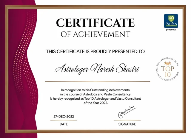 Top 10 Astrologer and Vastu Consultant achievement certificate